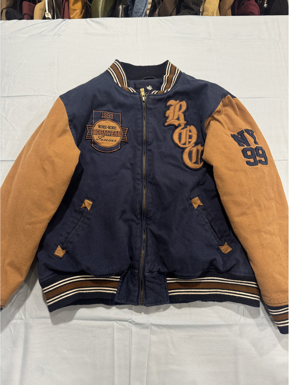 Rocawear Classic navy and tan varsity jacket